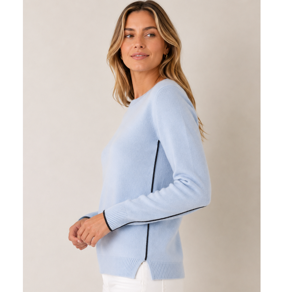 Cashmere Contrast Trim Sweater in Light Blue with Black Trim erin gray