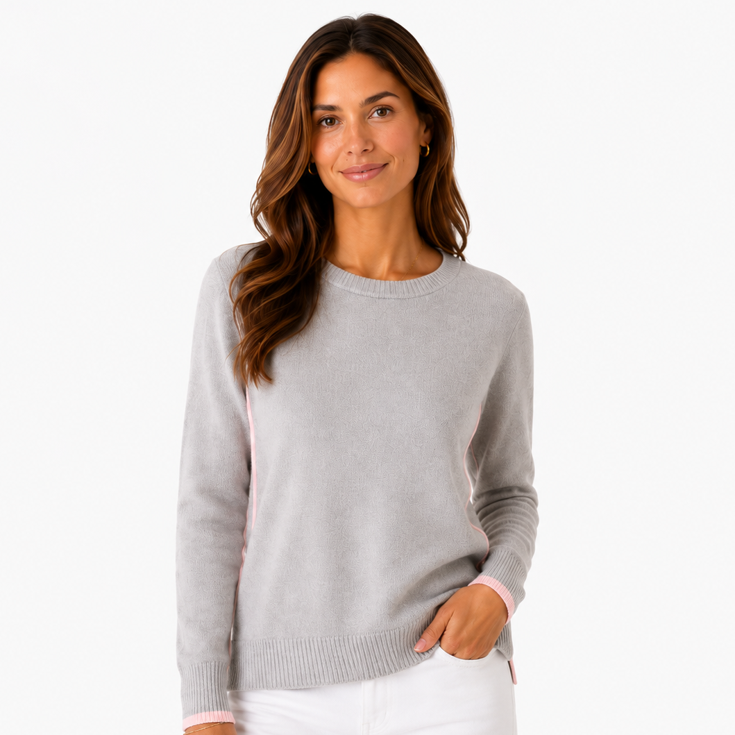Cashmere Contrast Trim Sweater in Light Gray with Pink Trim erin gray