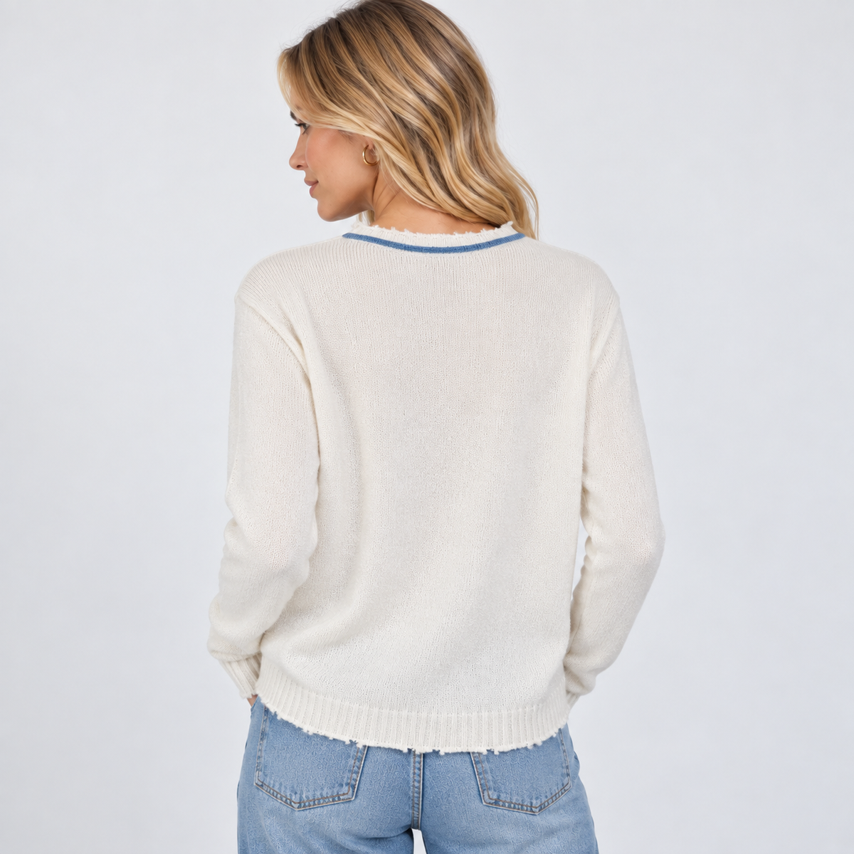 Highland Raw Edge 100% Mongolian Cashmere Sweater in Ivory with Blue erin gray
