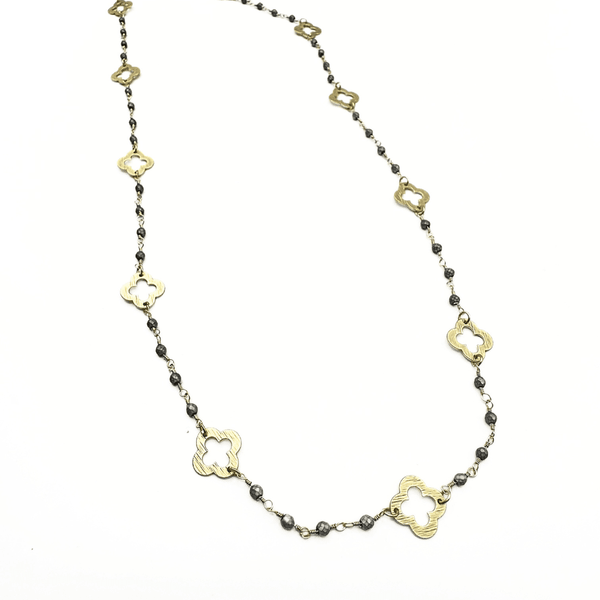 erin gray:Gold Clover and Petite Matte Gray Beaded Long Necklace