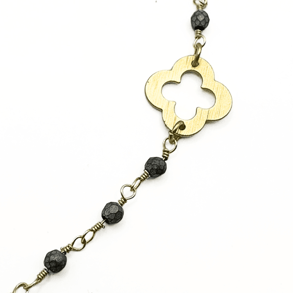 erin gray:Gold Clover and Petite Matte Gray Beaded Long Necklace
