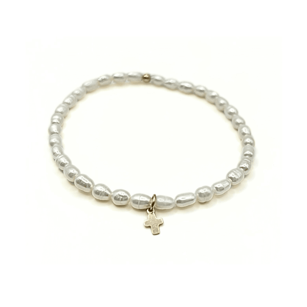 erin gray:Rice Pearl Waterproof Bracelet with a Gold-Filled Luxe Cross,7 inch