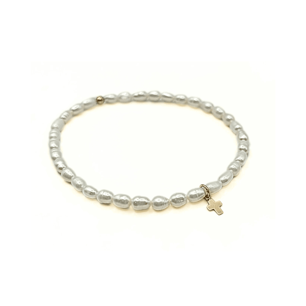 erin gray:Rice Pearl Waterproof Bracelet with a Gold-Filled Luxe Cross