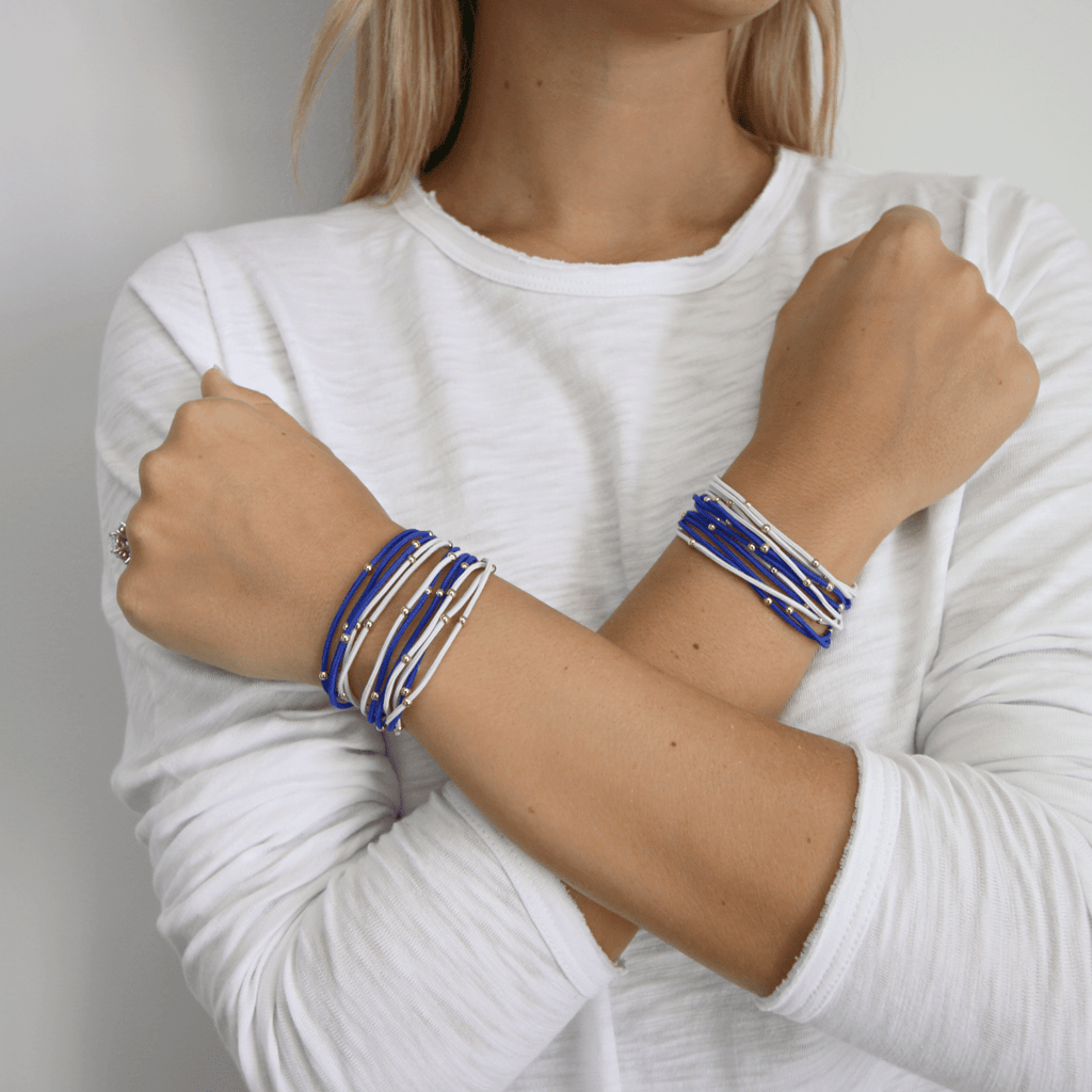 erin gray:3mm Gold Water Pony Waterproof Bracelet Hair Bands in Royal Blue and White (#16)