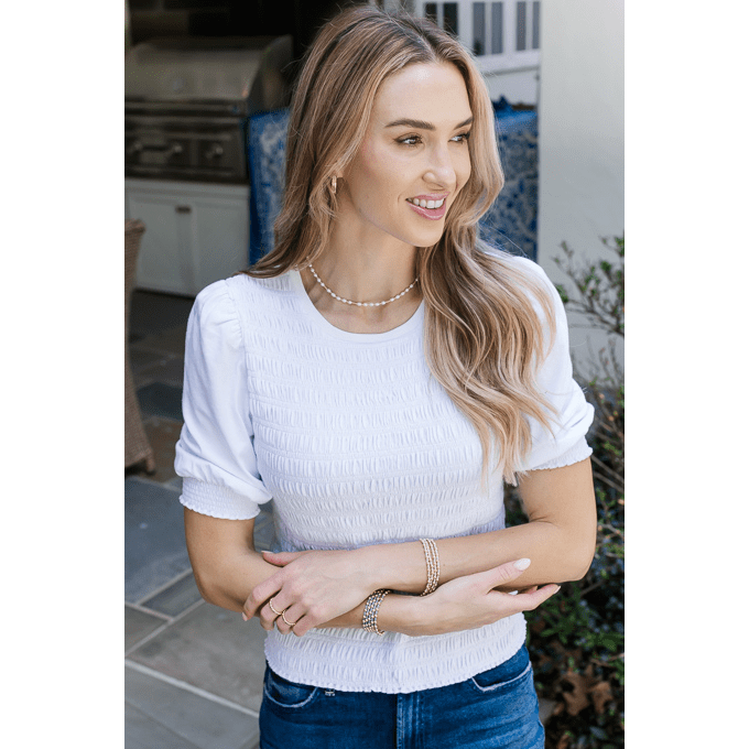 erin gray:Brigitte Smocked Top in White,XS