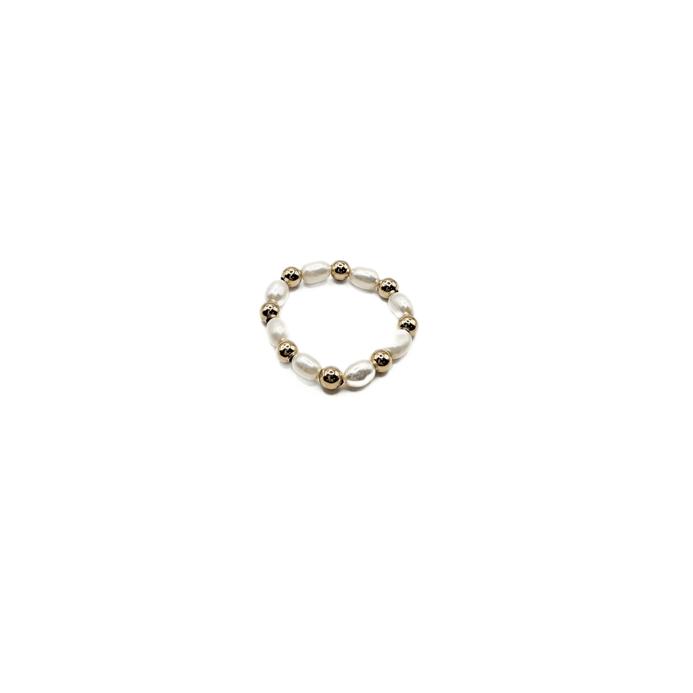 Gold-Filled 3mm Natural Rice Pearl Waterproof Stretch Ring