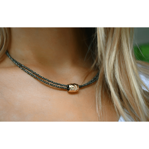 erin gray:Gold Filled Barrel on Beaded Double Pyrite Chain - Waterproof