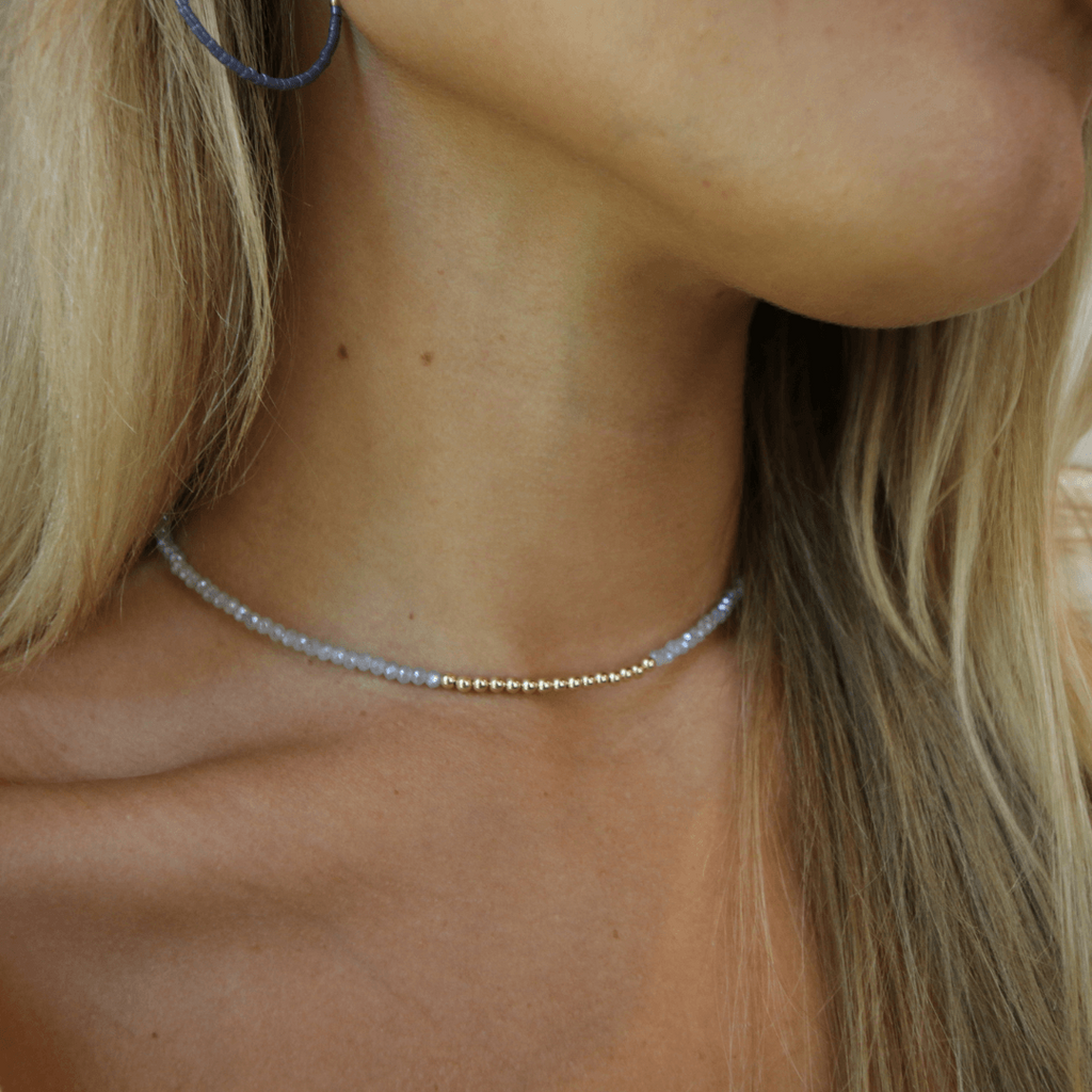 erin gray:Free Spirit Choker in Pale Blue Shimmer with Gold Filled Beads
