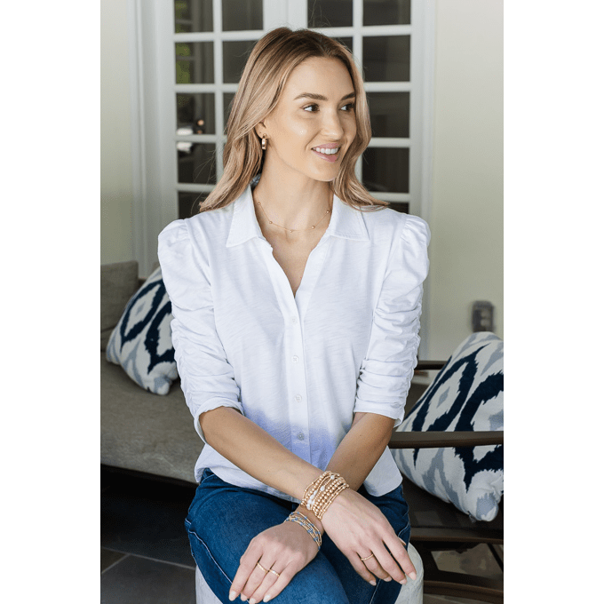 
                      
                        erin gray:Grace Button-Up Elbow-Length Tee in White,XS
                      
                    