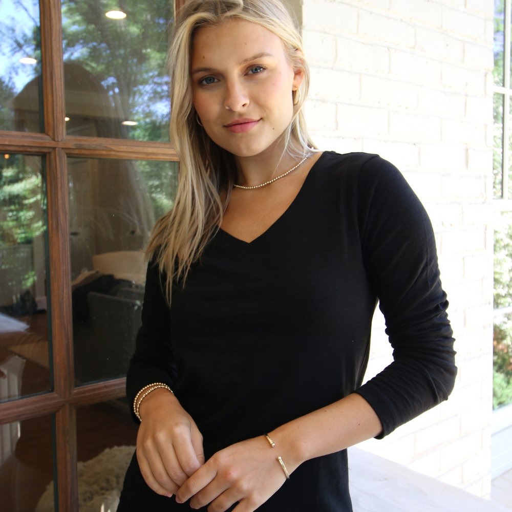 erin gray:Long Sleeve Jeans V in Black Pima Cotton Slub,XS