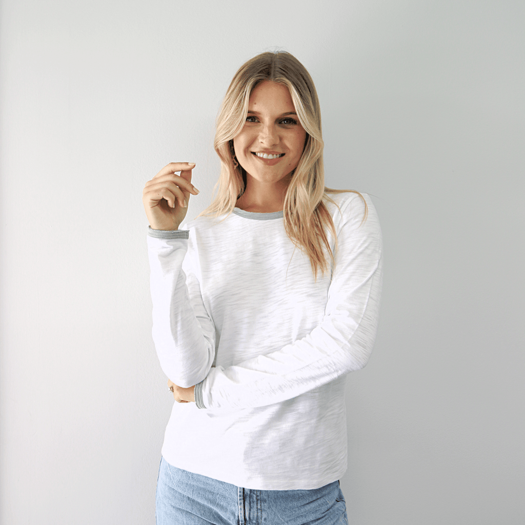 erin gray:Long Sleeve Rebel Tee in White with Sage