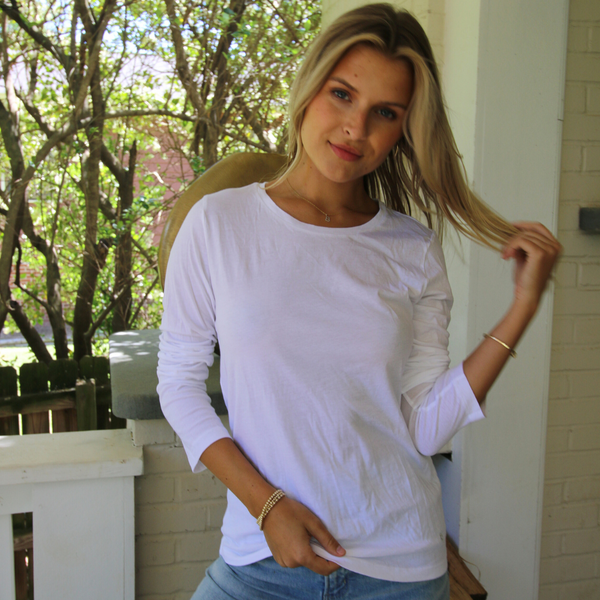 erin gray:Long Sleeve Slight Stretch Tee in White Pima Cotton,SMALL