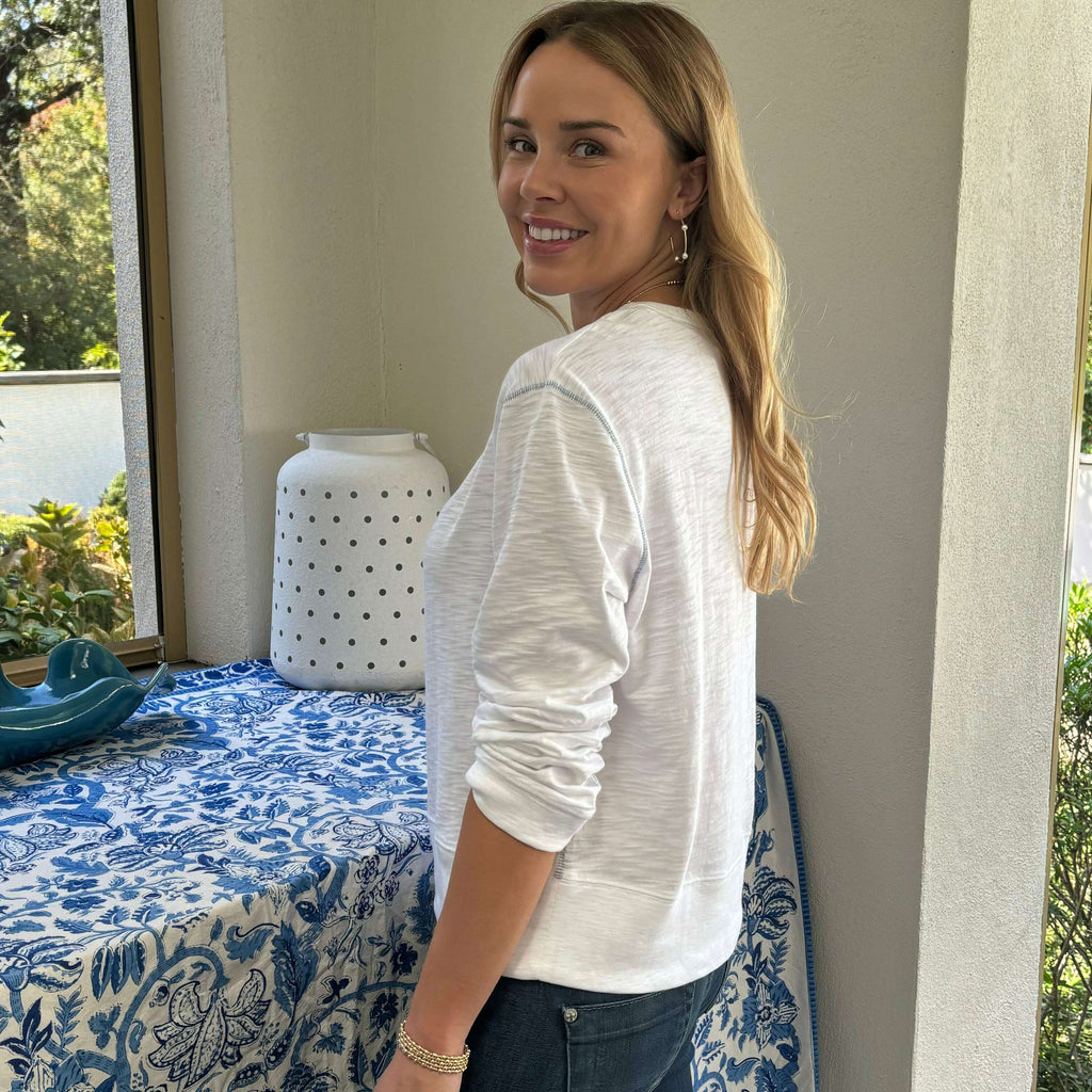 erin gray:Riviera Slub Tee in White with Blue Stitch - Long Sleeve