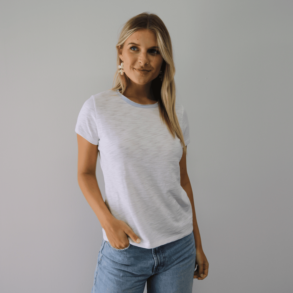 erin gray:Short Sleeve Rebel Tee in White with Arctic Blue