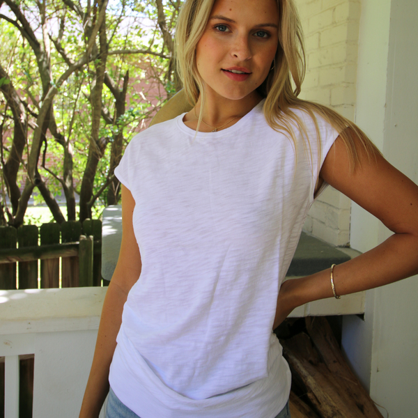 erin gray:White Cap Sleeve Banded Pima Cotton Tee