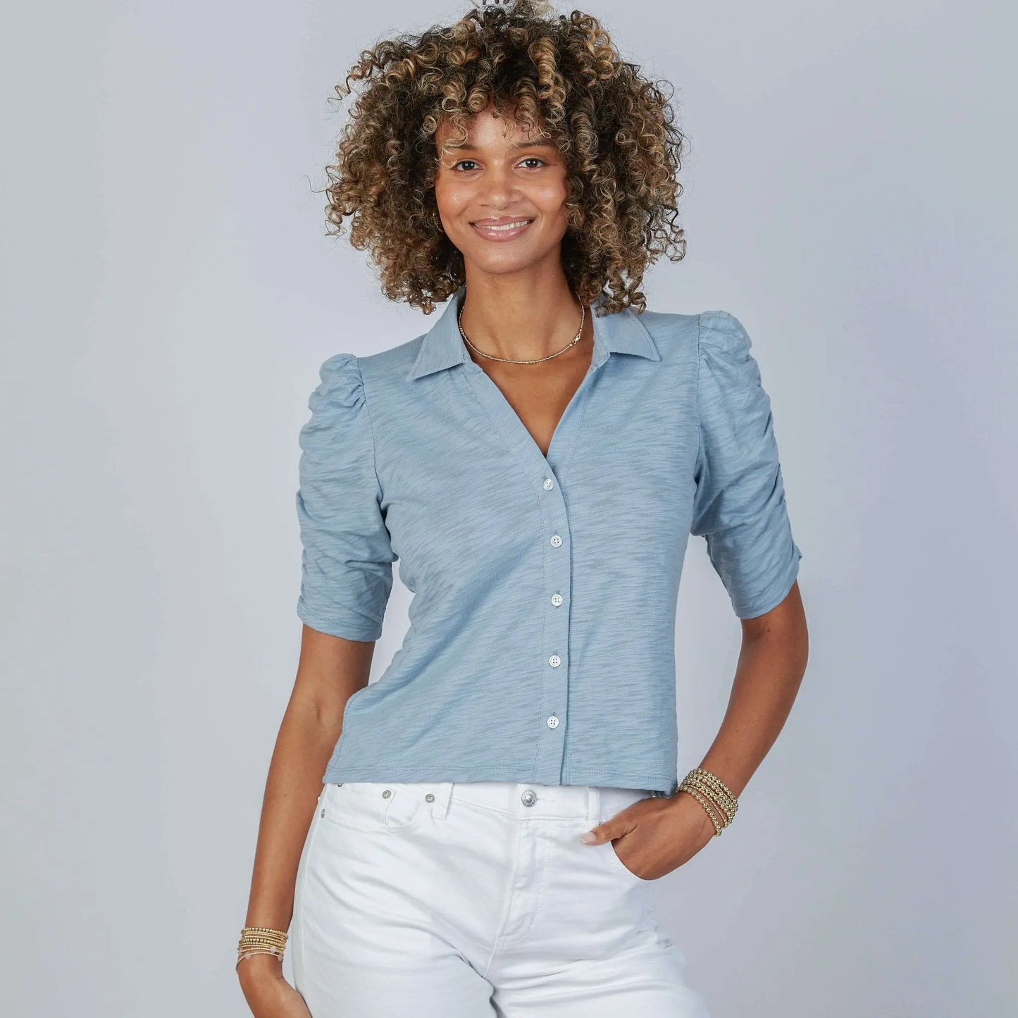 Grace Button-Up Elbow-Length Tee in Dusty Blue XL Grace Button-Up Elbow-Length Tee in Dusty Blue XL