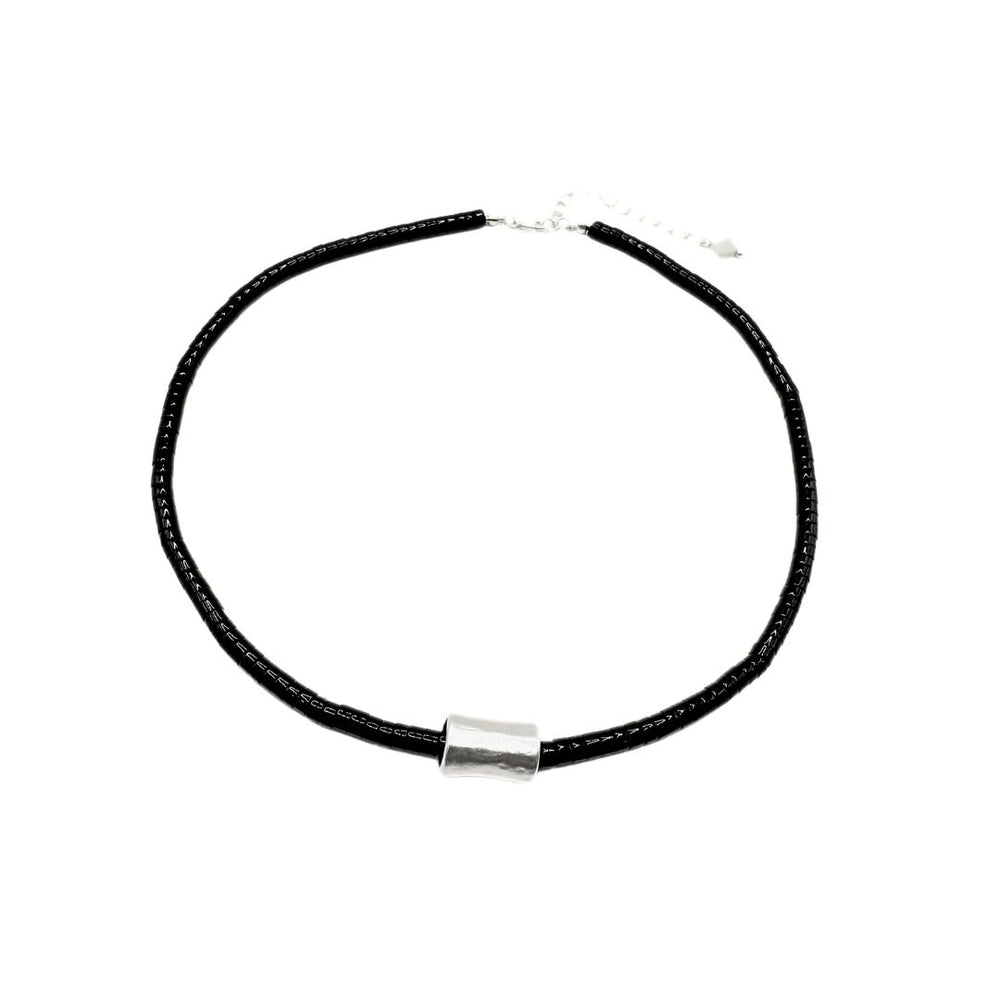 Heishi Matte Silver Barrel Necklace in BLACK