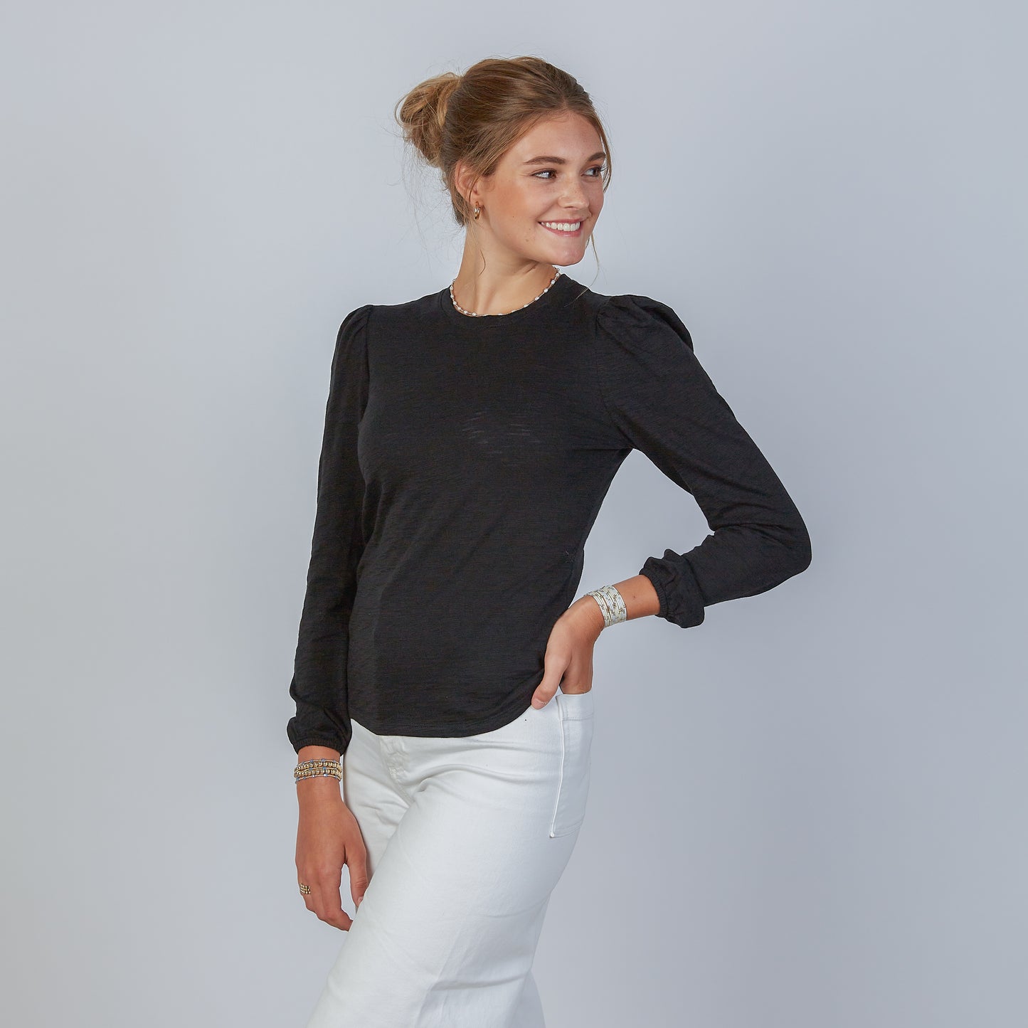 Joanie Subtle Puff Long Sleeve Tee w/Elastic Cuff in Black