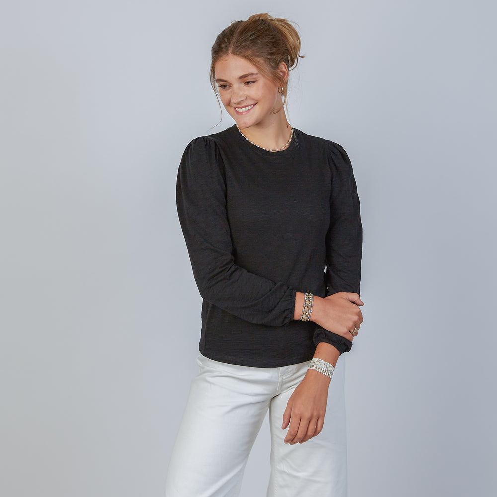 Joanie Subtle Puff Long Sleeve Tee w/Elastic Cuff in Black