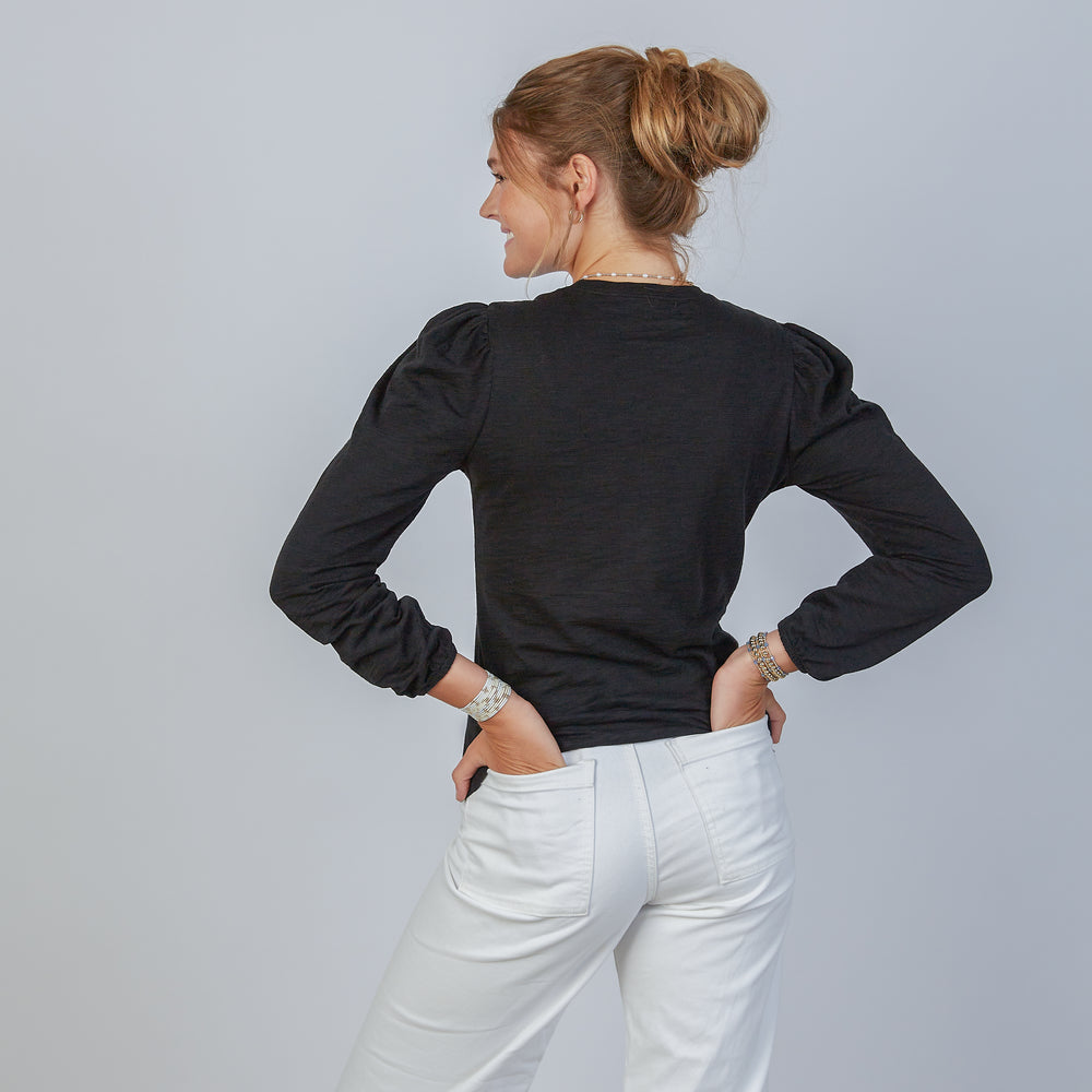 
                      
                        Joanie Subtle Puff Long Sleeve Tee w/Elastic Cuff in Black
                      
                    