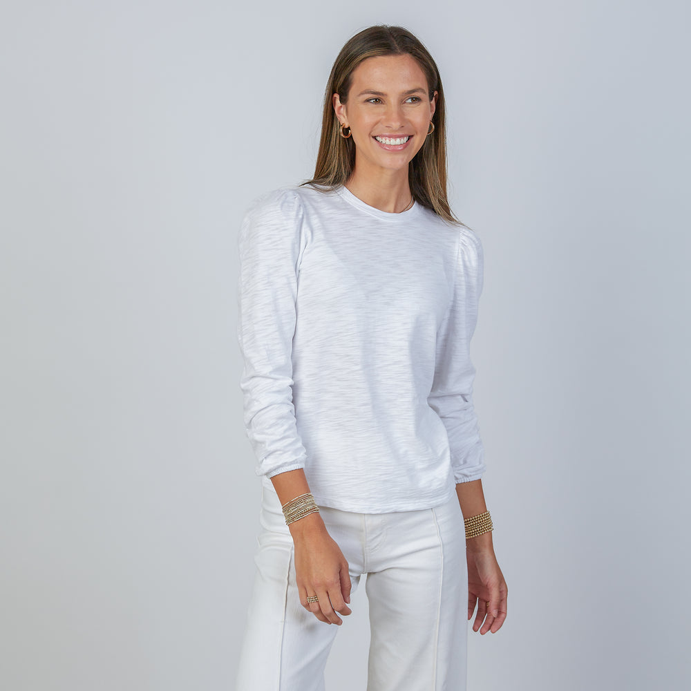 Joanie Subtle Puff Long Sleeve Tee w/Elastic Cuff in White