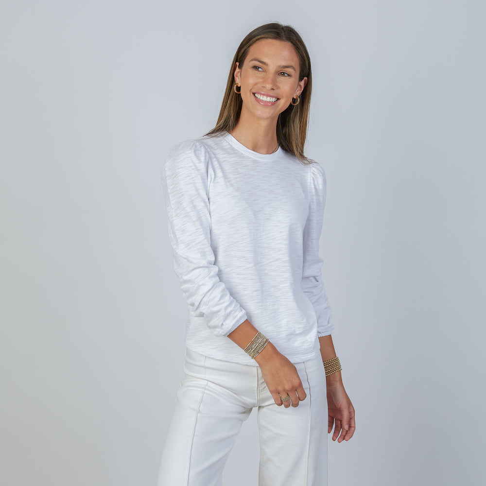 
                      
                        Joanie Subtle Puff Long Sleeve Tee w/Elastic Cuff in White
                      
                    