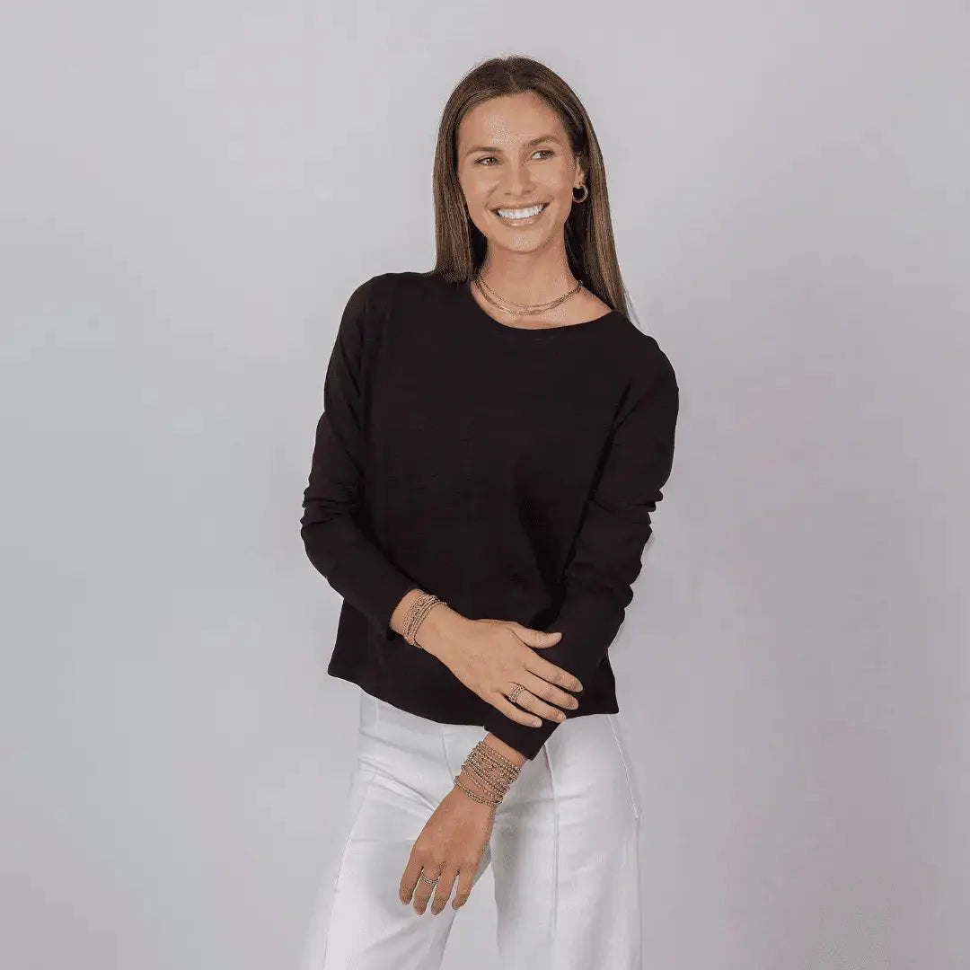 Black Erin Gray Celia Perfect Length Long Sleeve Tee, casual apparel with a comfortable fit and classic design.