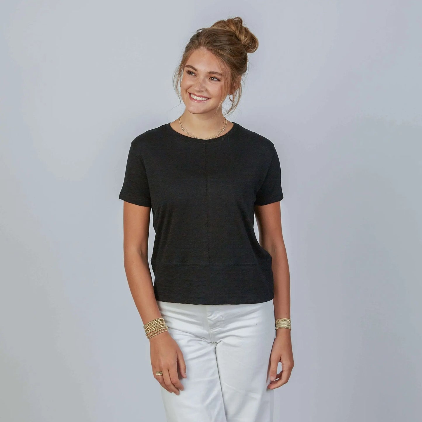 Black Celia Perfect Length Tee by erin gray, short sleeve women's apparel, fitted and versatile for casual wear.