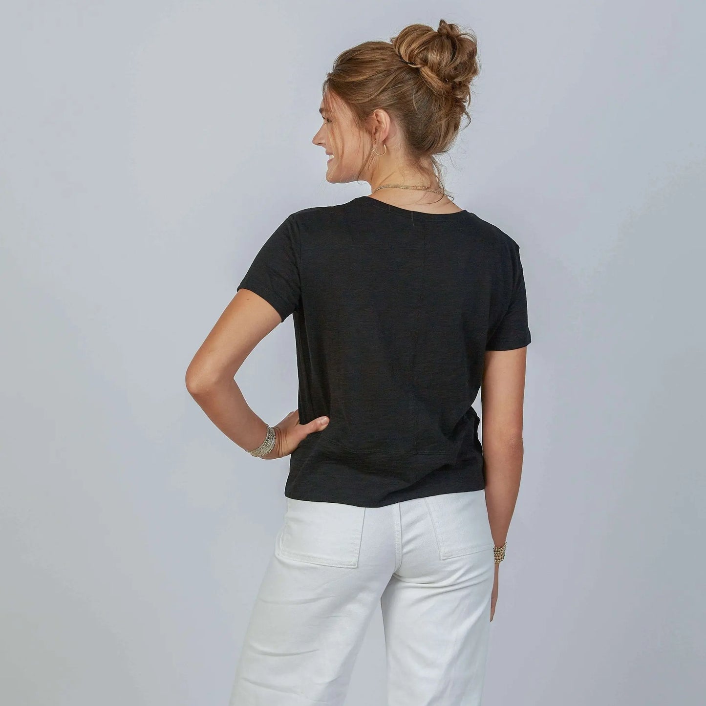 Black Erin Gray Celia Perfect Length Tee with short sleeves, showcasing a casual and versatile women's apparel top.