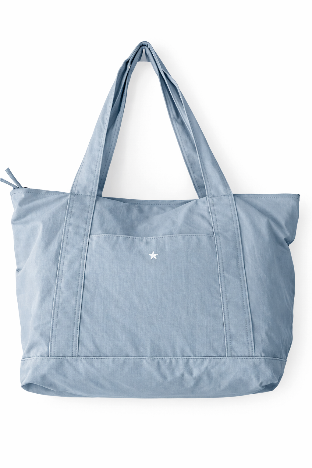 Light blue tote bag with a star emblem.  shine on - erin gray