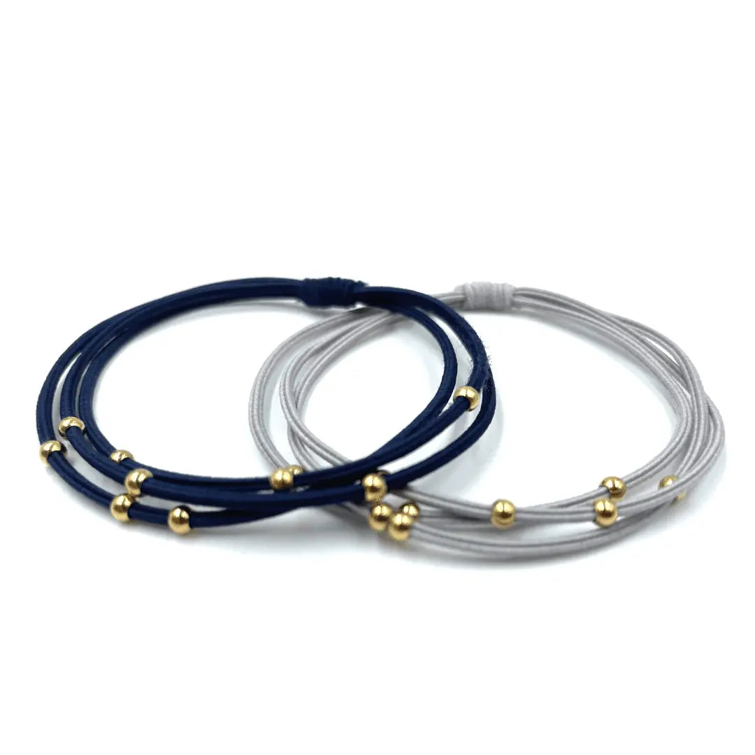 Gray and navy 3mm gold water pony waterproof bracelet hair bands by erin gray, stylish hair accessory for secure hold.