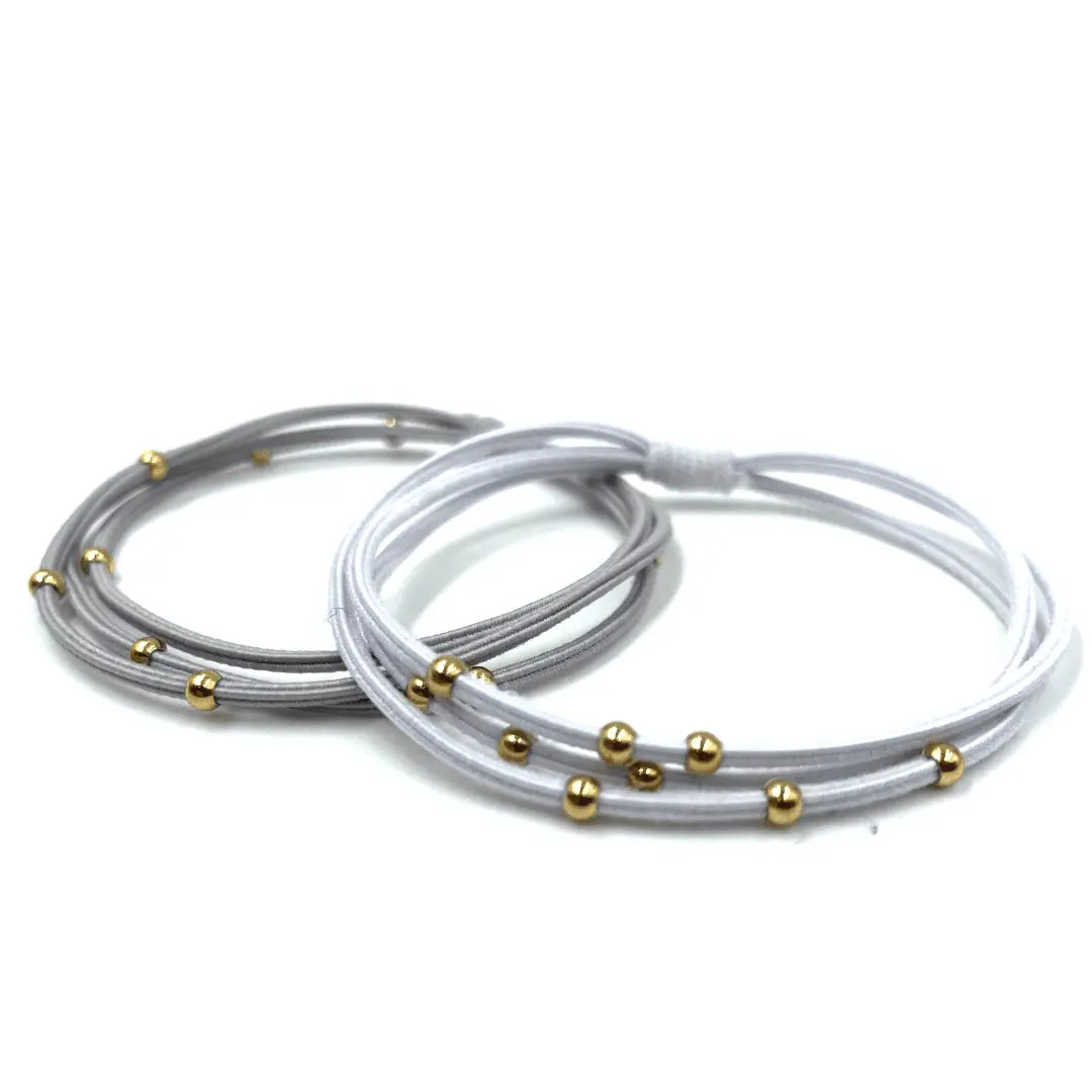 Gray and white 3mm gold water pony waterproof bracelet hair bands by erin gray, stylish hair accessories for everyday wear.