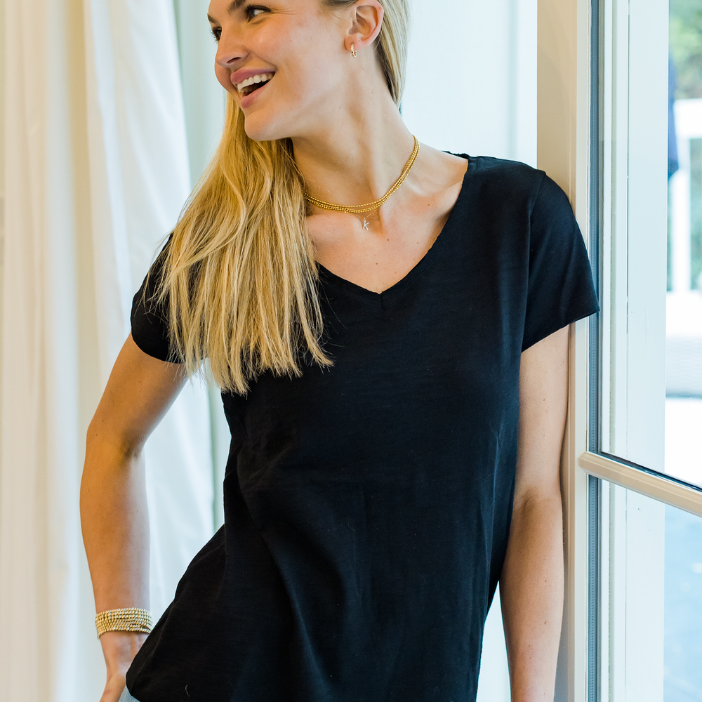 erin gray:Short Sleeve CYA V in Black Slub,XS