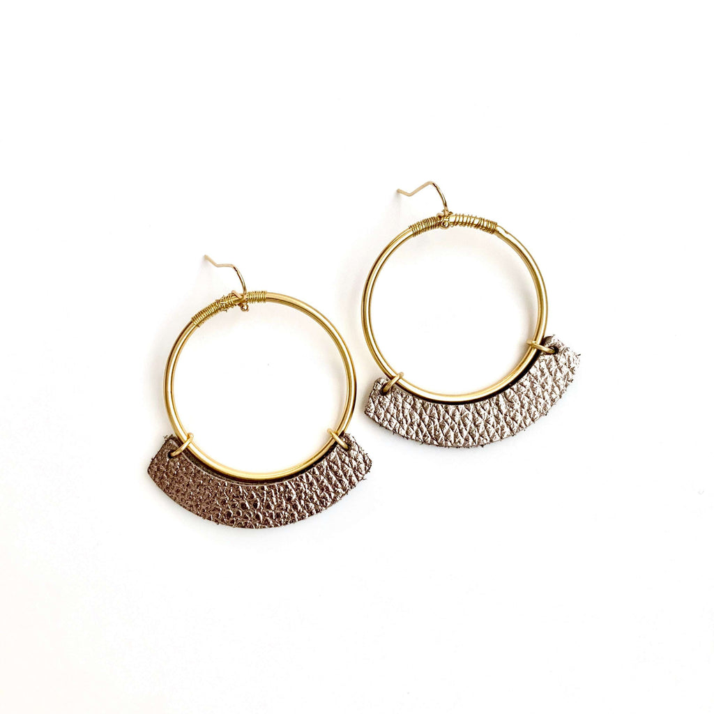 erin gray:Gold Hoop and Pewter Leather Disco Earring
