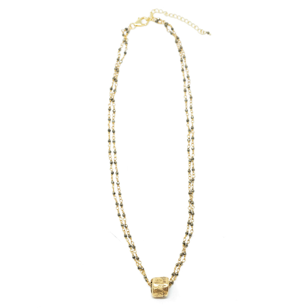 erin gray:Small Gold Barrel on Double Pyrite Necklace