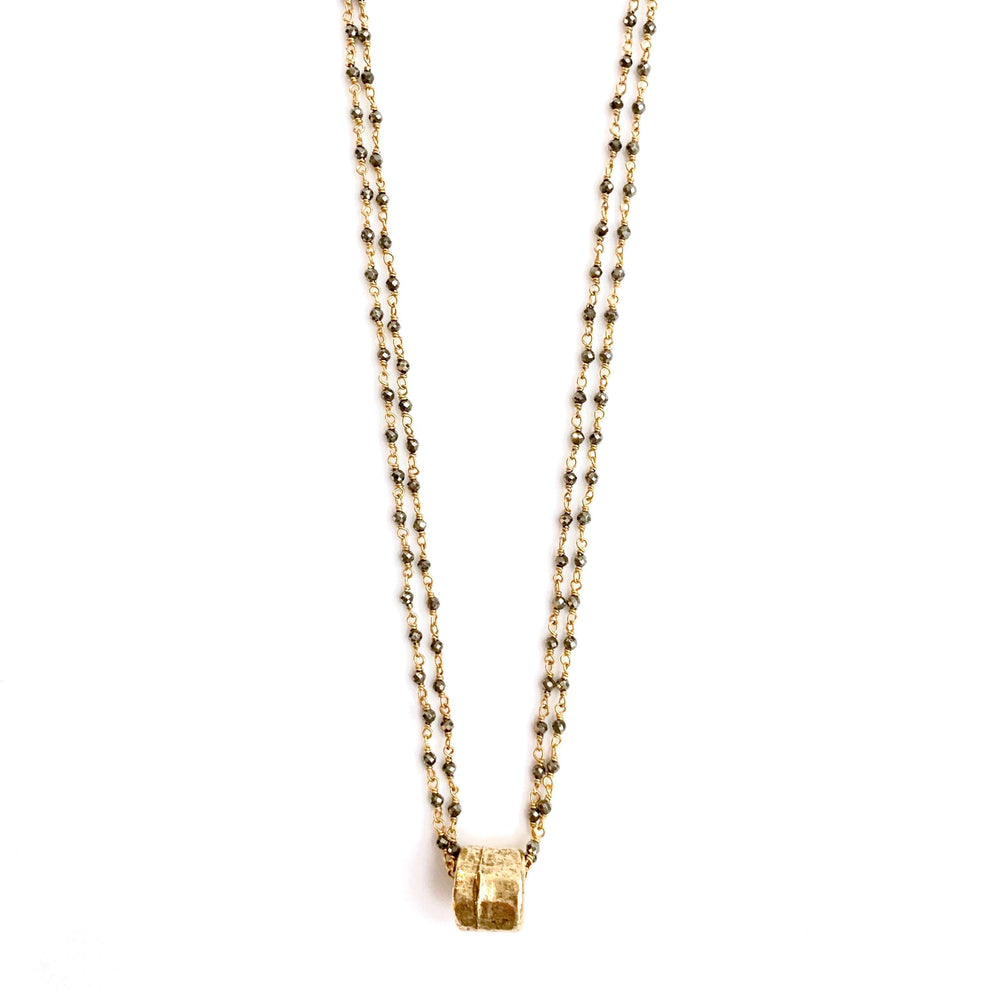 
                      
                        erin gray:Small Gold Barrel on Double Pyrite Necklace
                      
                    