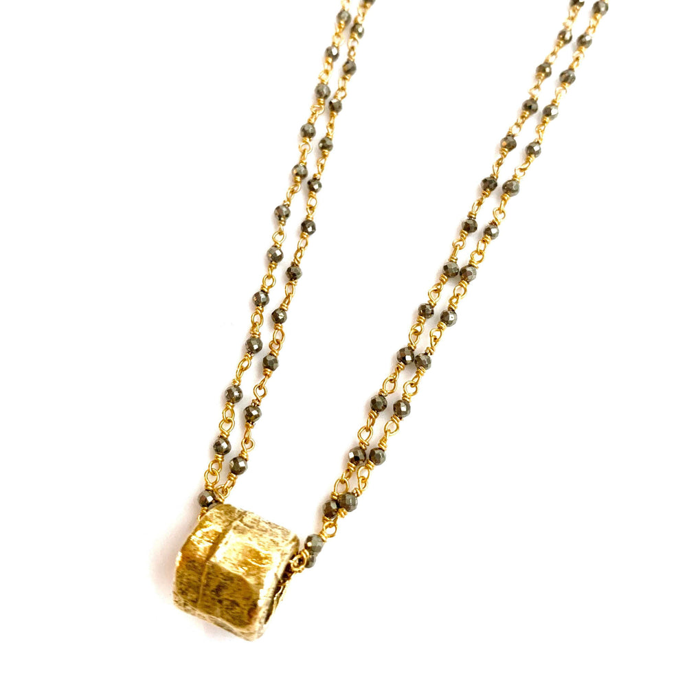 
                      
                        erin gray:Small Gold Barrel on Double Pyrite Necklace
                      
                    
