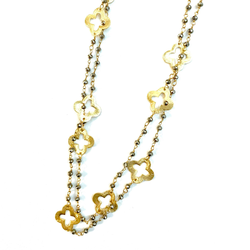 erin gray:Gold Clover and Petite Pyrite Long Necklace
