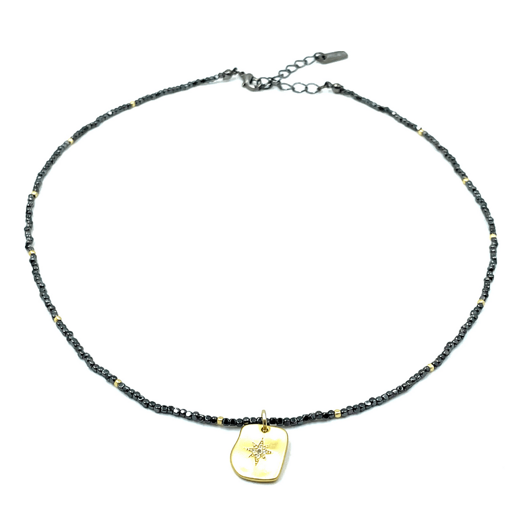 
                      
                        erin gray:Organic Starburst on Hematite Beaded Necklace
                      
                    