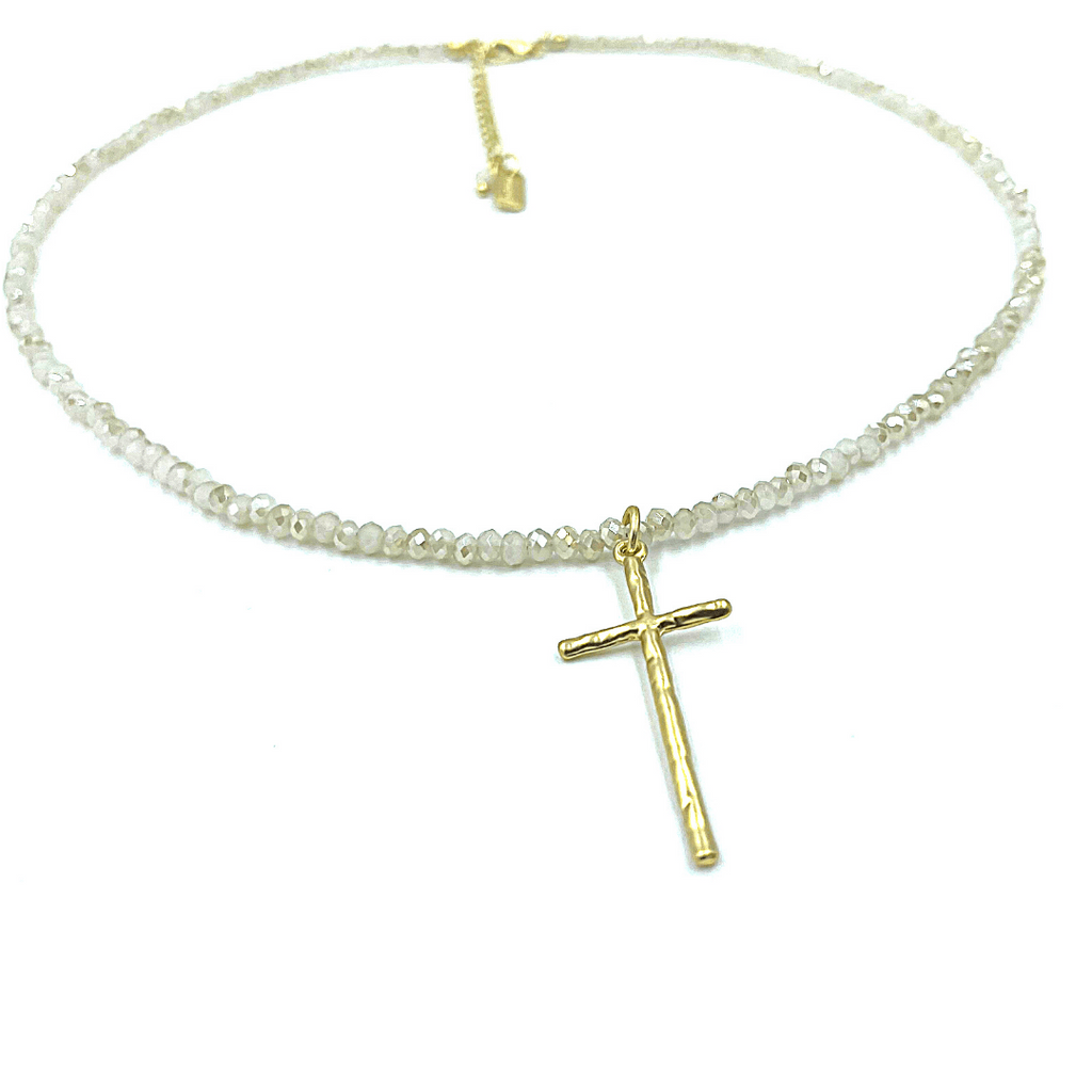 erin gray:Prayer Cross on Winter White Shimmer Necklace