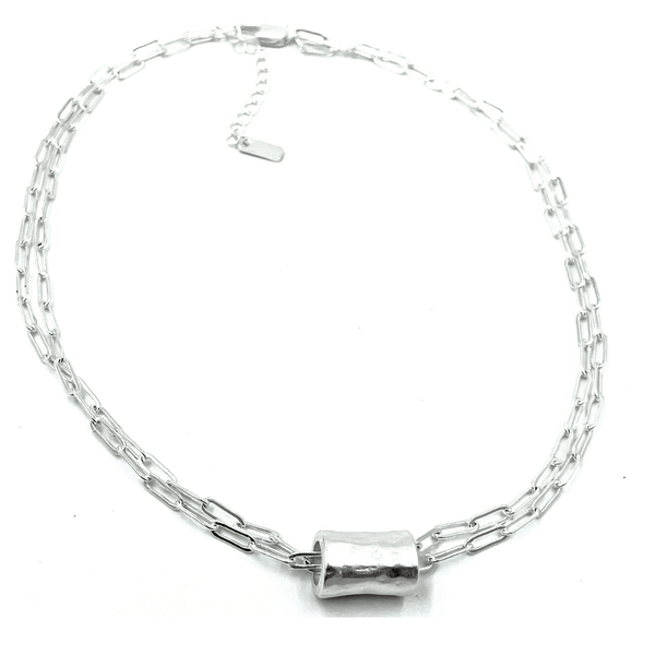 erin gray:Silver Barrel on Double Silver Paperclip Necklace