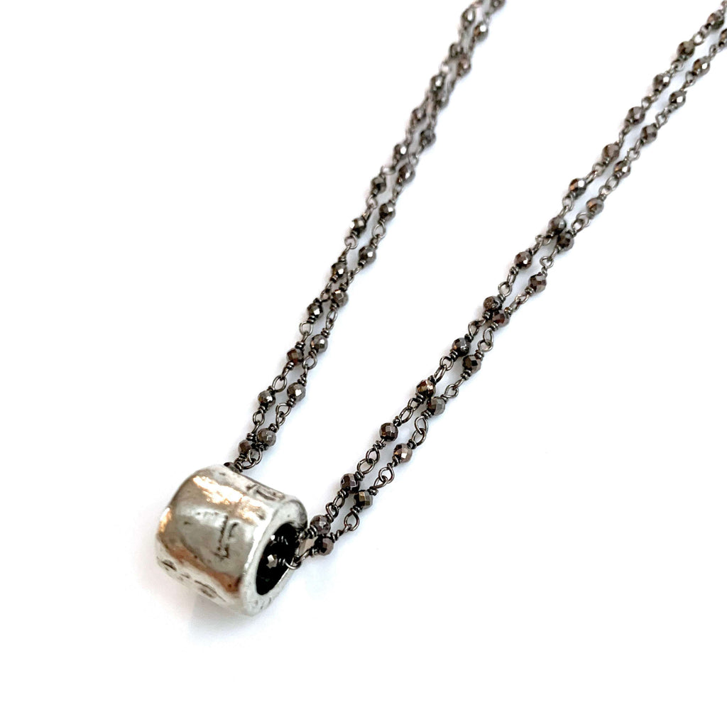 erin gray:Silver Barrel on Double Oxi Pyrite Necklace