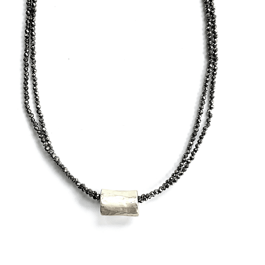erin gray:Silver Barrel on Double Pyrite Beaded Necklace
