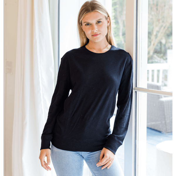 erin gray:Long Sleeve Banded Tee in Black Slub